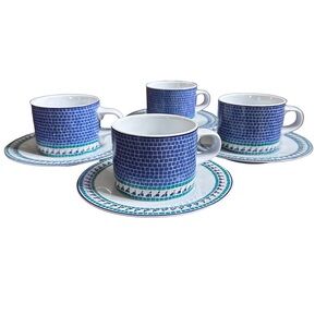 Dansk Mosaic Tiles Porcelain Flat Cup & Saucer Four Piece Set Made in Portugal